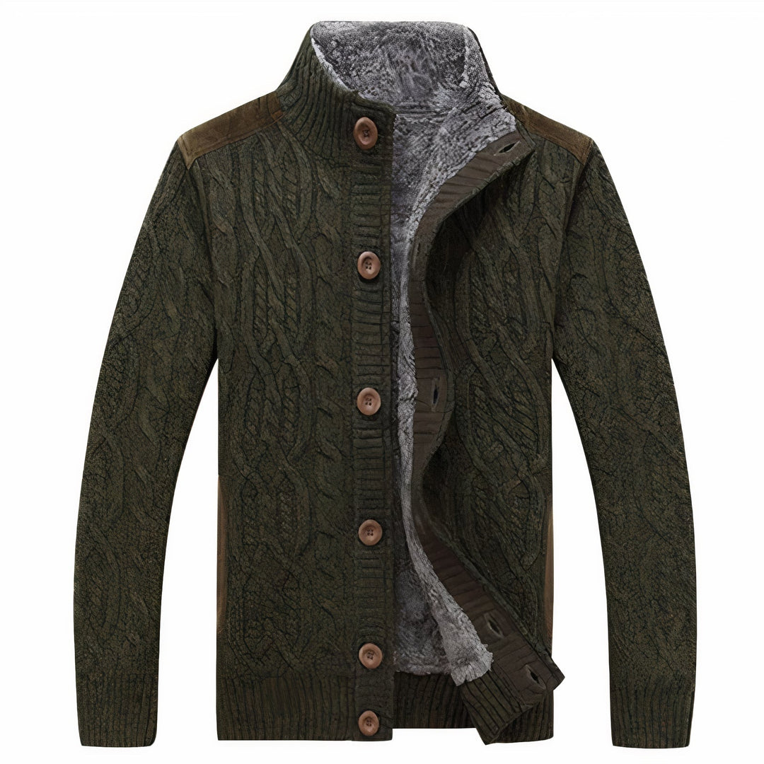 Grønn herre klassisk strikket cardigan. Varm og komfortabel langermet cardigan, perfekt for høst og vinter. Elegant herremote.
