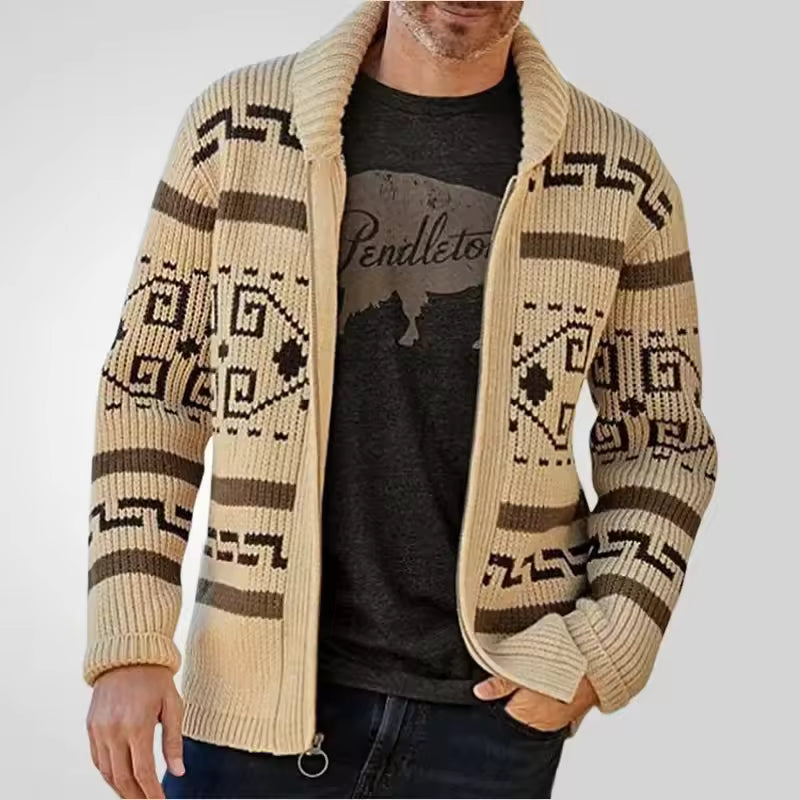 Stilfull mønstret herrecardigan med glidelås for smart casual antrekk. En allsidig overdel for herre mote.