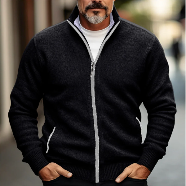 Robust herrecardigan med glidelås og strikk, perfekt for en stilfull og varm lag-på-lag look.