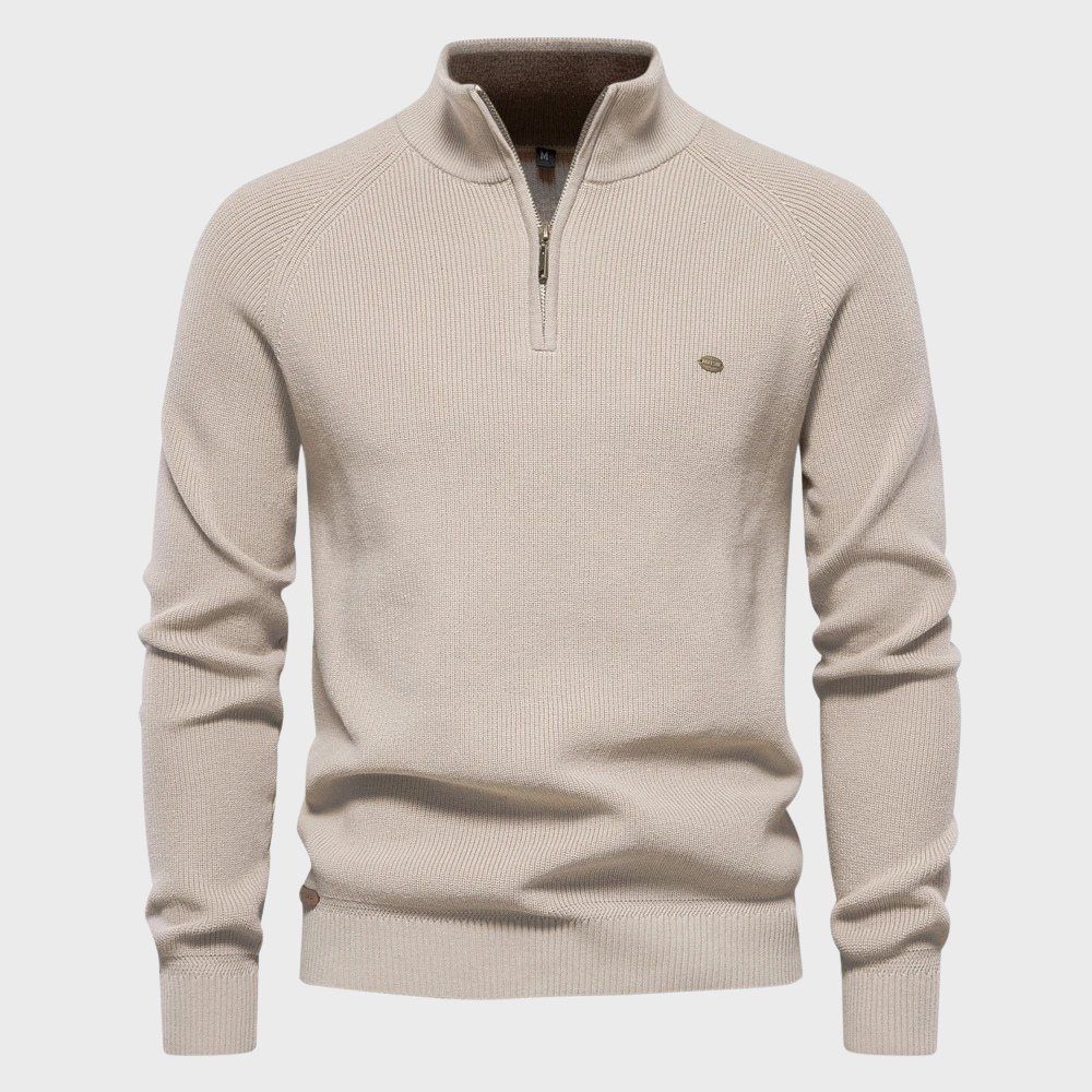 Komfortabel herre cardigan med halv glidelås, ideell som fritidsgenser. Myk ribbestrikk.