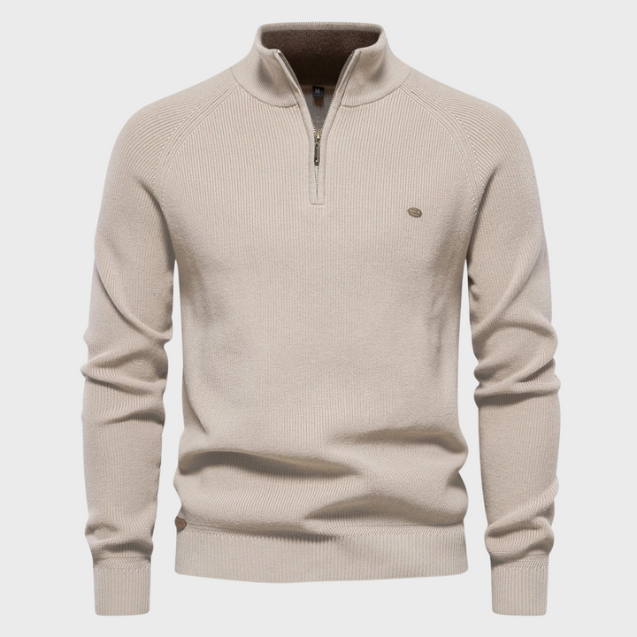 Komfortabel herre cardigan med halv glidelås, ideell som fritidsgenser. Myk ribbestrikk.