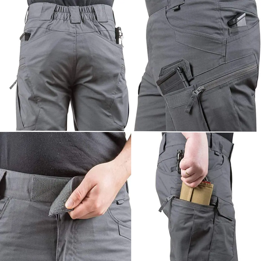 Nærbilde av slitesterkt stoff på herre cargo shorts. Perfekt for camping og utendørsbruk.