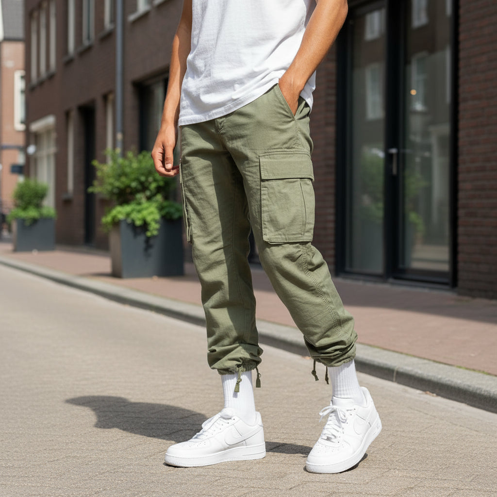 Blå herrecargobukser, allsidige for casual menn. Designet med fokus på komfort og tidløs stil.