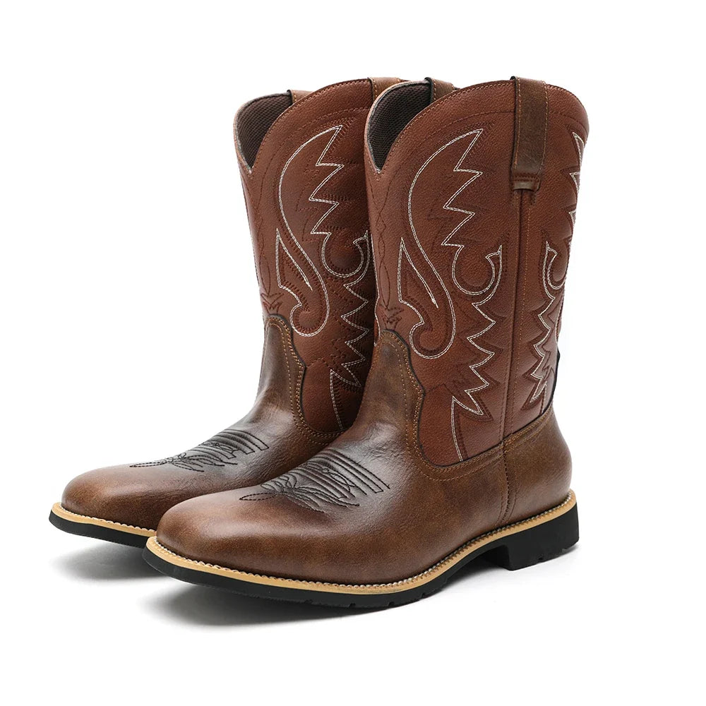 Herre retro cowboy boots med høy topp. Stilige, broderte design, bred tå for optimal komfort.