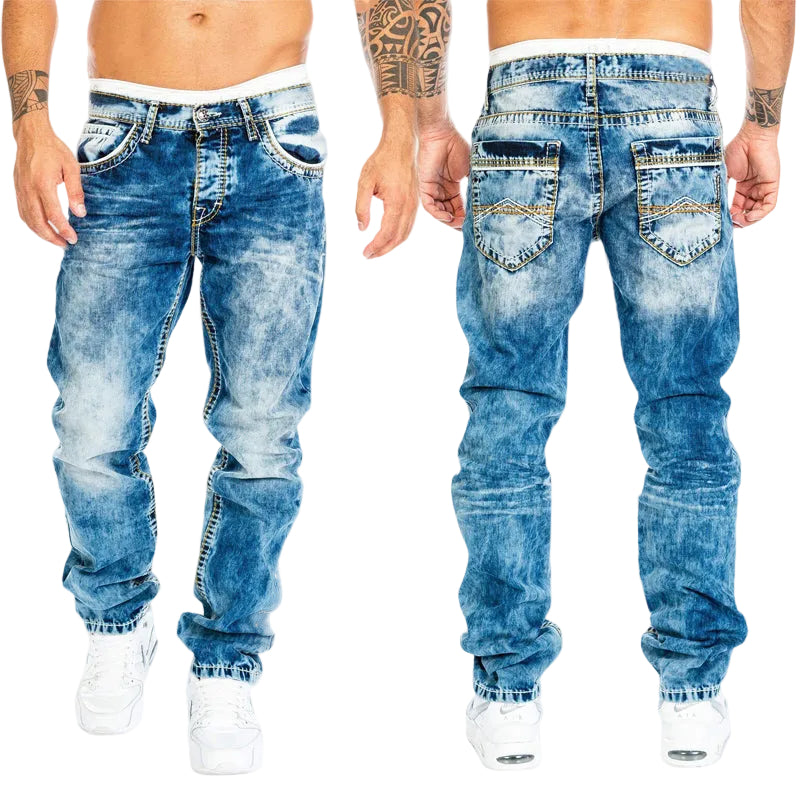 Stilfulle herre slim fit jeans i mørk dongeri, perfekt for moderne hverdagsbruk. Komfortabel passform.