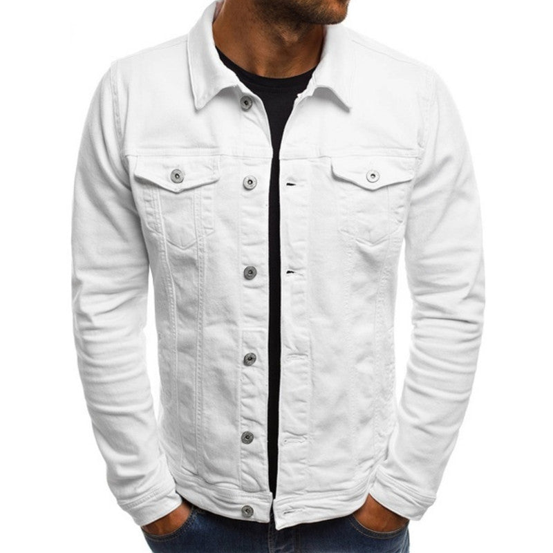 Klassisk herrejakke i denimstil med normal passform, knapper og skjortekrage for vår og høst.
