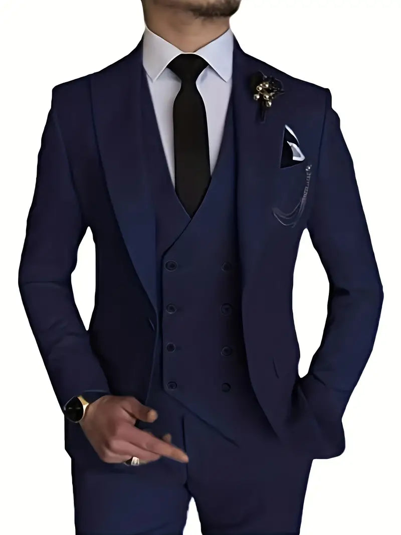 Sofistikert herredressett med slank passform. Blazer, vest og bukser for en komplett look.
