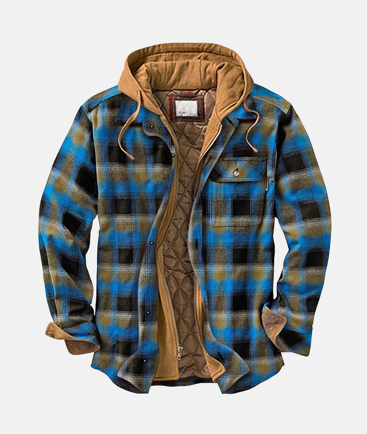 Rutete herre flanellskjorte med hette, perfekt for en varm og casual stil. Komfortabel og moderne herreklær.