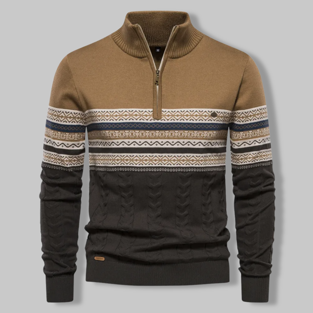 Blå stripete herregenser med half-zip og stående krage, komfortabelt fritidsplagg for menn.