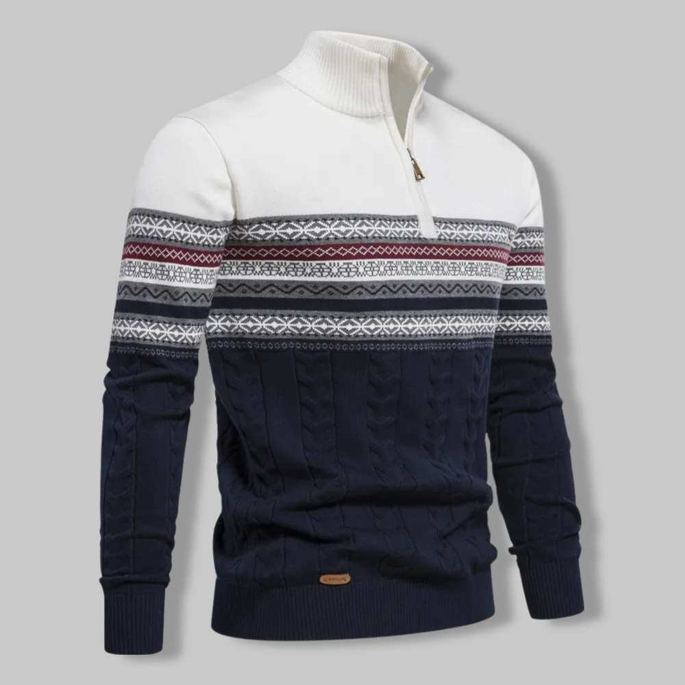 Khaki stripete halfzip genser for menn, ideell som lag-på-lag eller casual høstgenser.