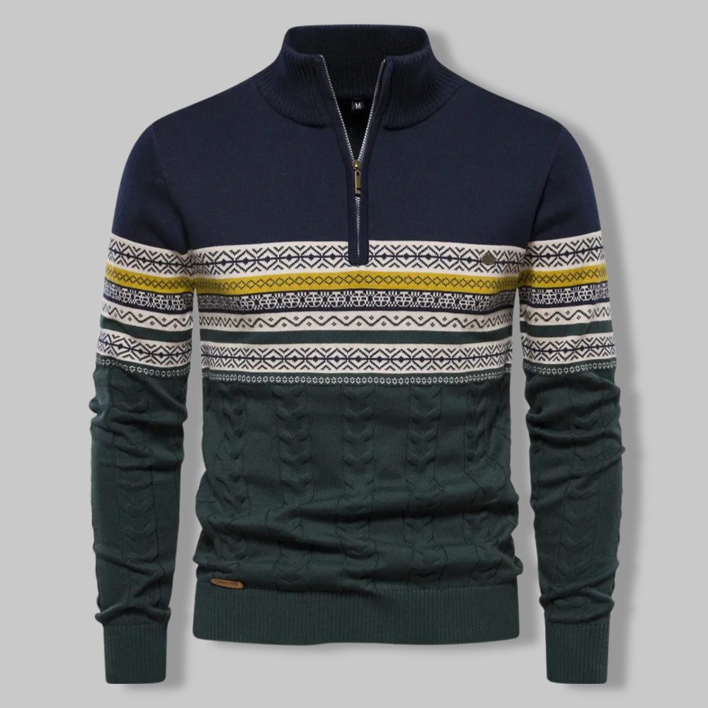 Grå stripete herre halfzip genser med moderne design, allsidig for fritid og vinterklær.