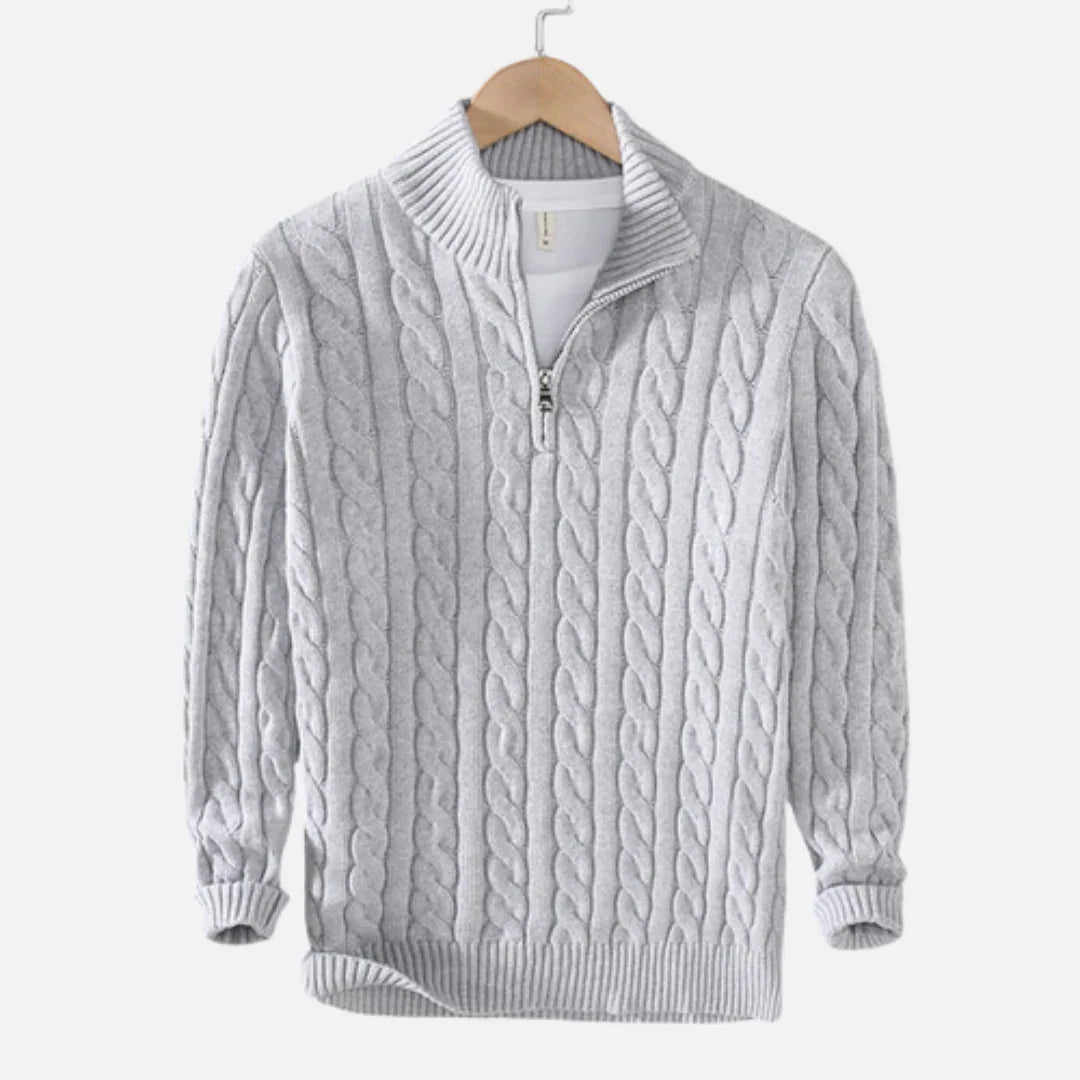 Elegant herregenser med halv glidelås, strikket mønster, ideell for lag på lag eller som casual høstgenser.