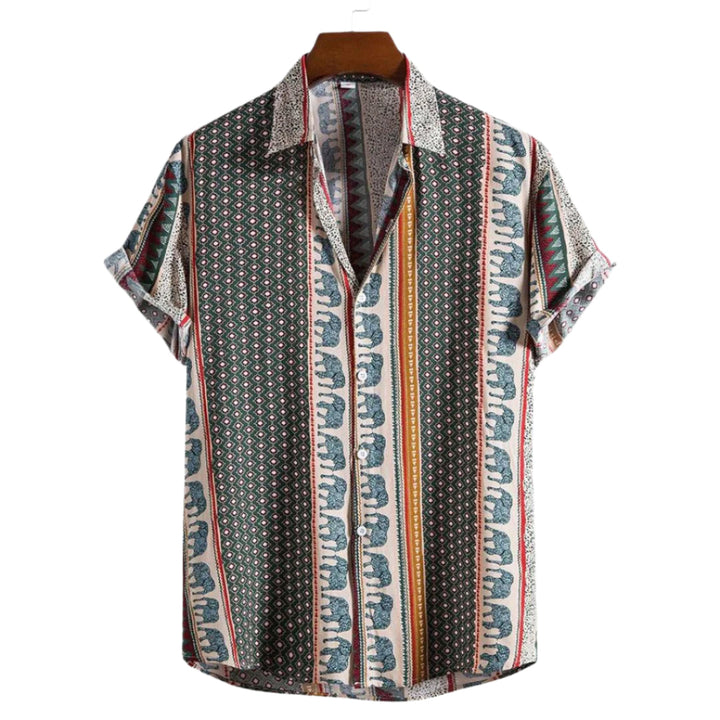 Geometrisk herreskjorte med fargerikt elefantmotiv. Komfortabel, pustende sommerskjorte med korte ermer for stilig look.