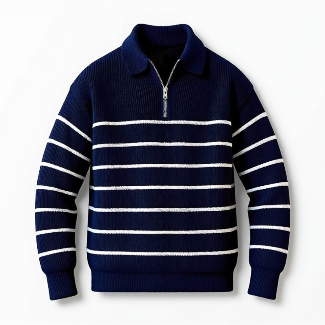 Herre halfzip genser med blå/hvite striper, nautisk design. Avslappet og komfortabel hverdagssweater.