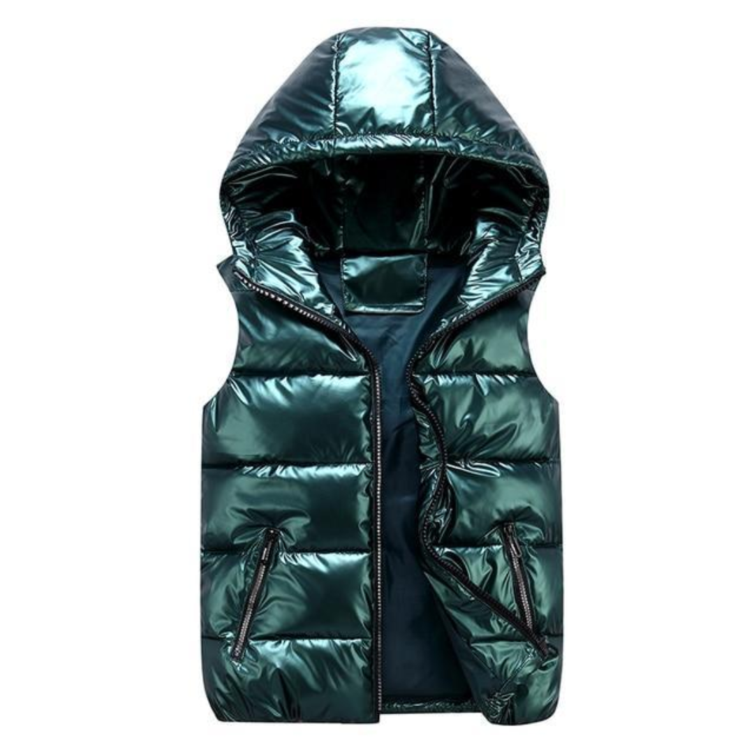 Moderne flerfarget herre hettevest, isolert for varme og sporty look. Store størrelser tilgjengelig.