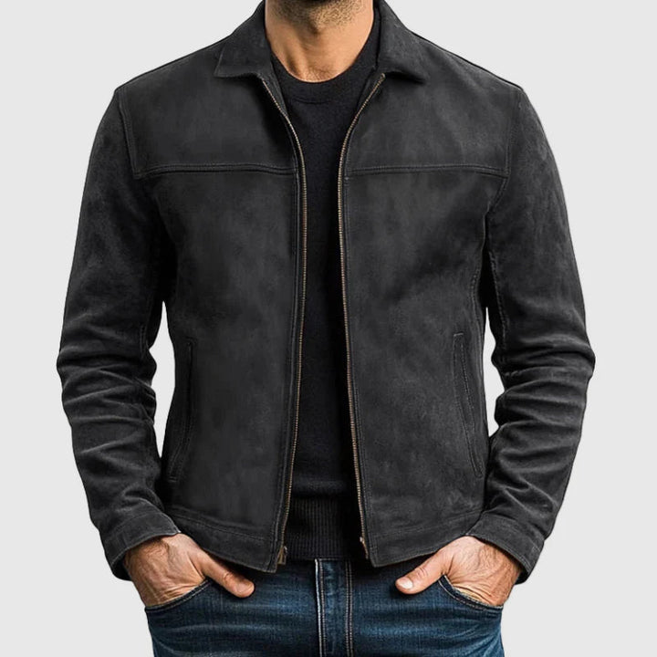 Elegant svart glidelåsjakke til herre, ideell som allsidig vårjakke eller høstjakke for en moteriktig look.