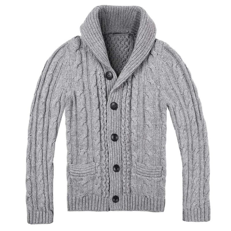 Elegant herrecardigan med sjalkrage og knappestolpe i klassisk design, perfekt for kjølige dager.
