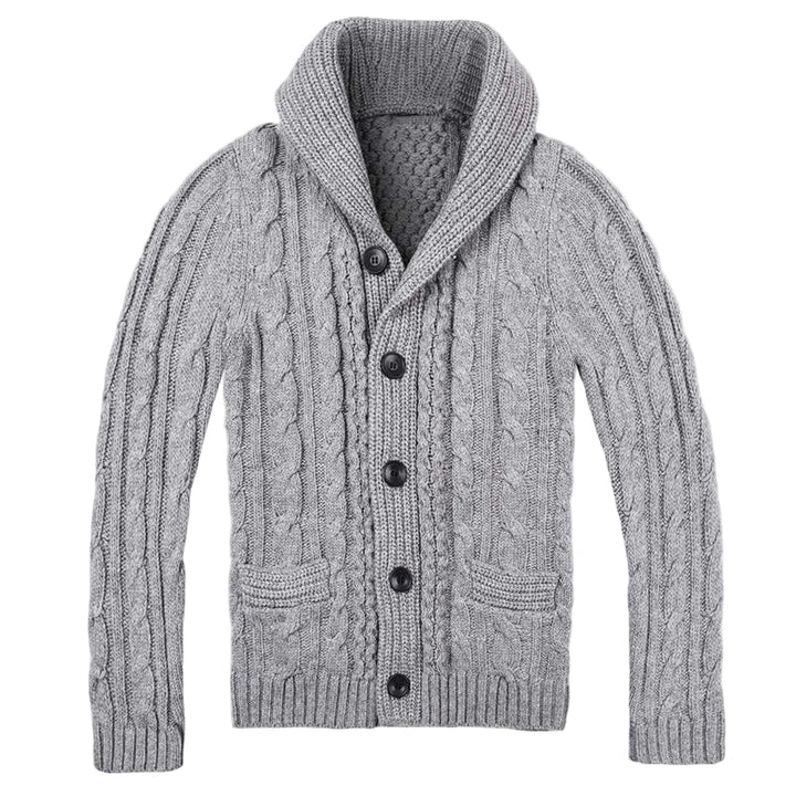 Elegant herrecardigan med sjalkrage og knappestolpe i klassisk design, perfekt for kjølige dager.