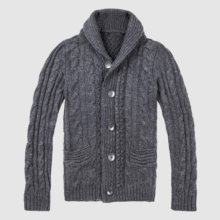 Lysgrå herrecardigan med varm sjalkrage og knapper, ideell for lag-på-lag og høst/vinter.