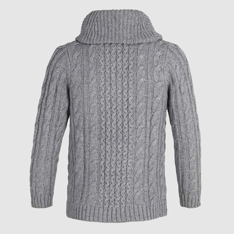 Grå herrecardigan med sjalkrage og knappestolpe, perfekt for lag-på-lag og komfortabel vintermote.