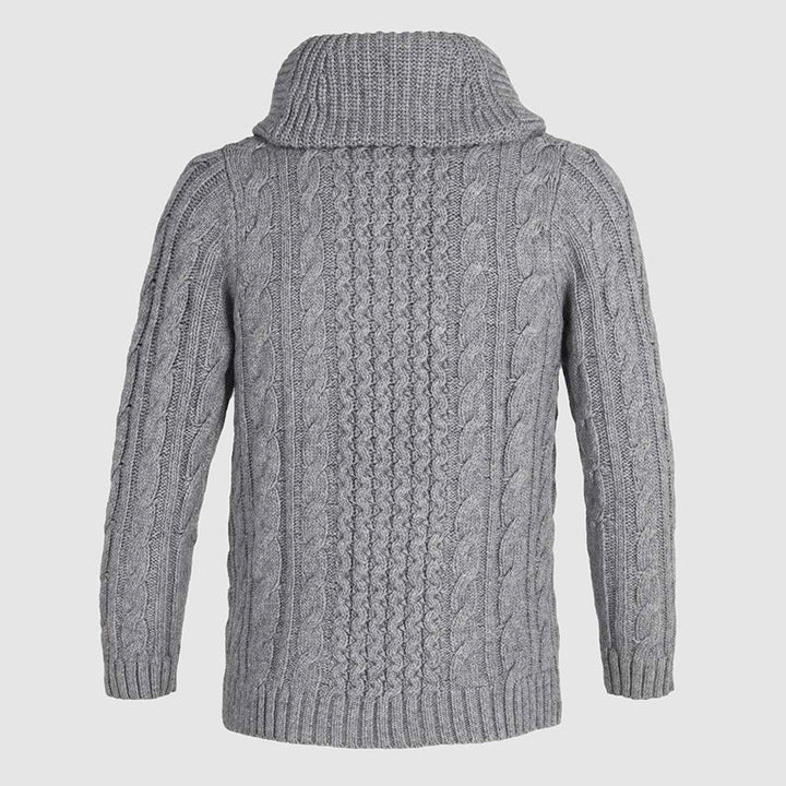 Grå herrecardigan med sjalkrage og knappestolpe, perfekt for lag-på-lag og komfortabel vintermote.