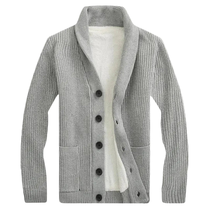 Elegant herrekofta med sjalkrage i myk strikk. Klassisk cardigan for menn.