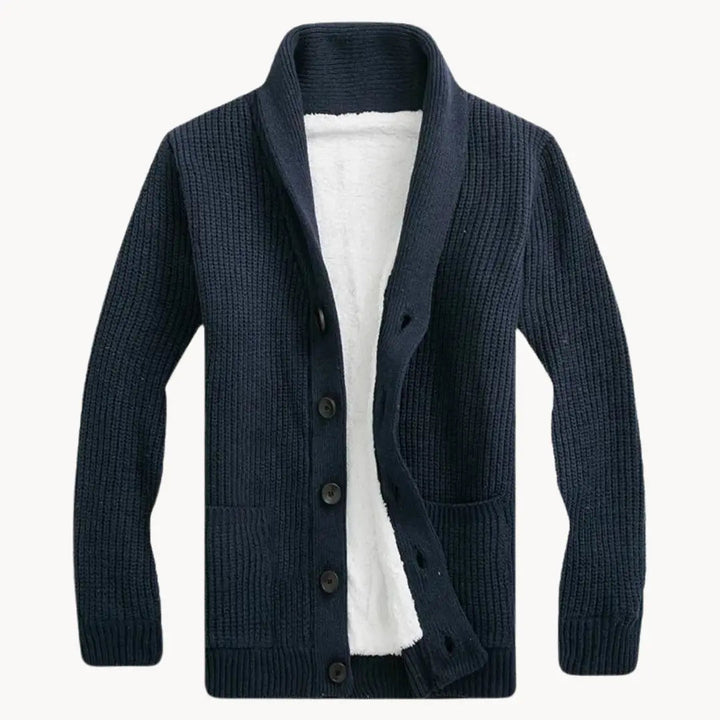 Klassisk herre cardigan med sjalkrage for menn. Elegant og komfortabel til hverdag og fritid.