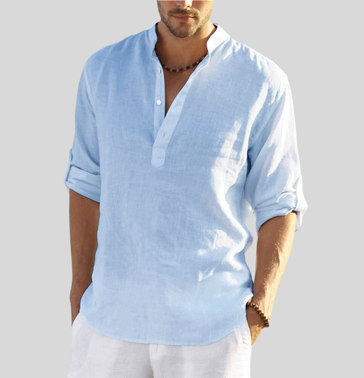 Herre Henley linskjorte med lange ermer. Ideell for casual herremote og sommerbruk.