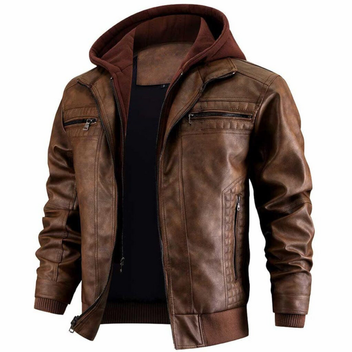 Brun heklet motorsykkeljakke for herre, med vintage preg. Komfortabel casual jakke.