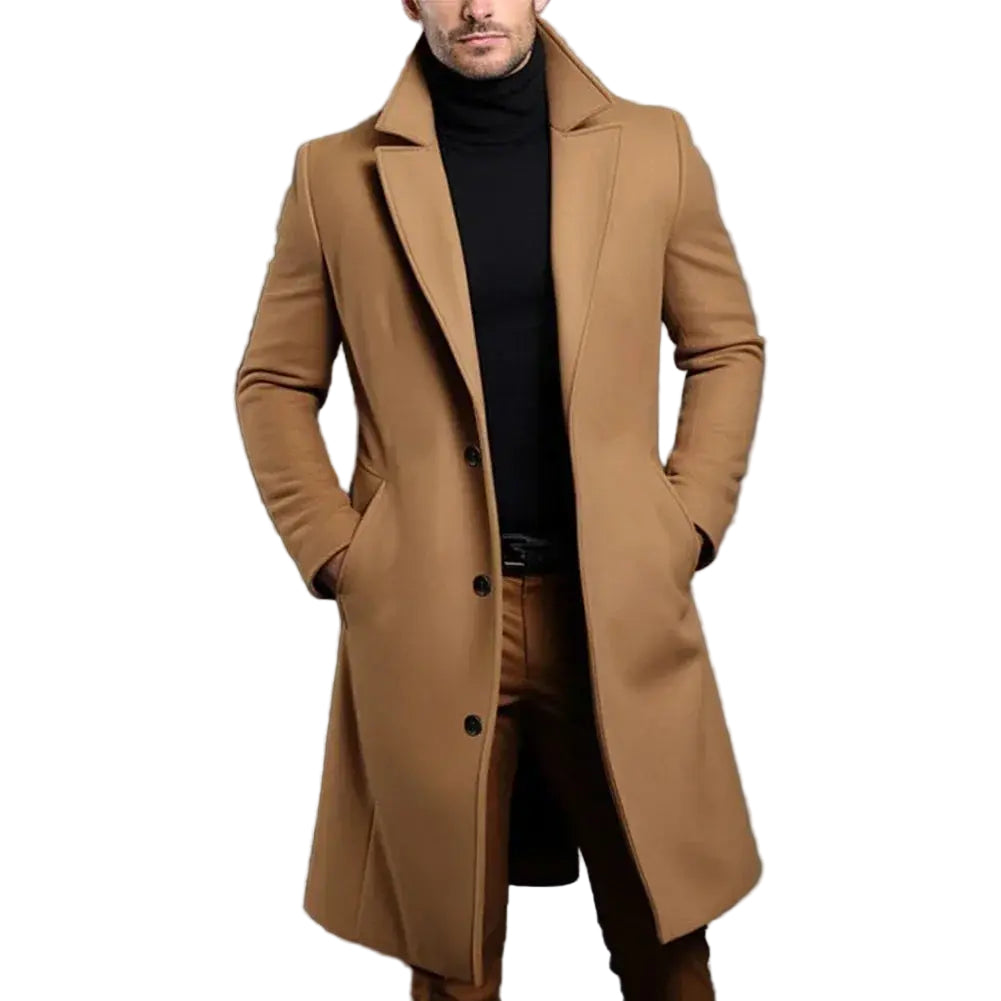 Elegant klassisk herre overfrakk i ullblanding for formelle anledninger og hverdagsbruk på kalde dager.