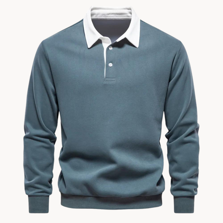 Klassisk herre poloskjorte med retro design og hvit kontrastkrage, en stilren look for vårmote.