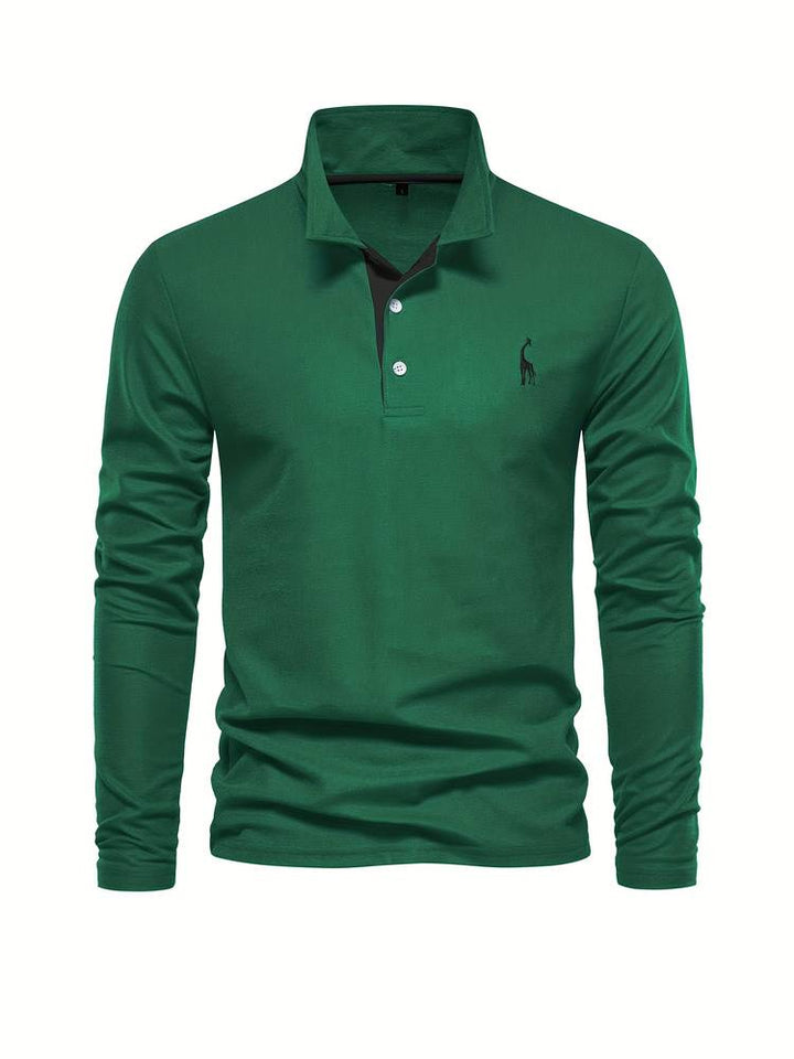 Langermet poloshirt for menn med knappekrage, pustende stoff og kontrasterende sømmer for en stilig look.