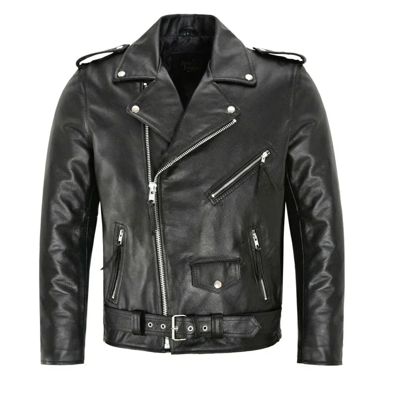 Sort herre punk rock jakke i skinn med metallbeslag og glidelåsdetaljer. Edgy gateklær og rebellsk stil for menn.