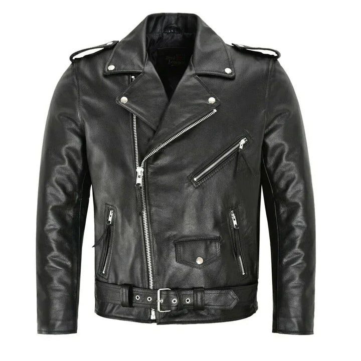 Sort herre punk rock jakke i skinn med metallbeslag og glidelåsdetaljer. Edgy gateklær og rebellsk stil for menn.