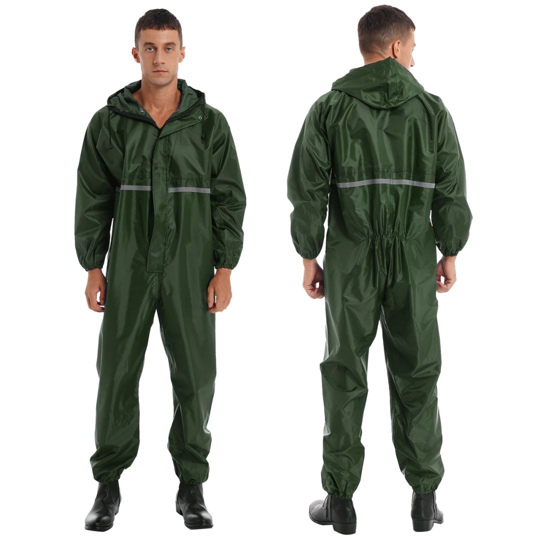 Heldekkende vanntett sikkerhetsdress for herre med hette og refleks, perfekt for utendørs arbeid.