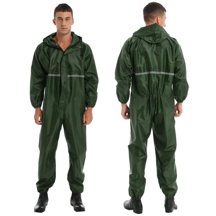 Heldekkende vanntett sikkerhetsdress for herre med hette og refleks, perfekt for utendørs arbeid.