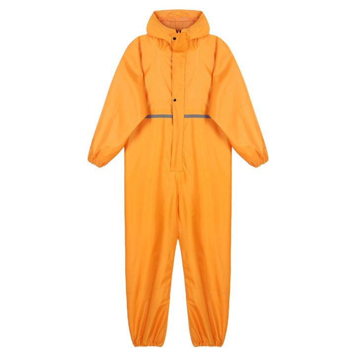Herre arbeidskjeledress, vanntett stoff, hette, glidelås, refleksbånd for sikkerhet.