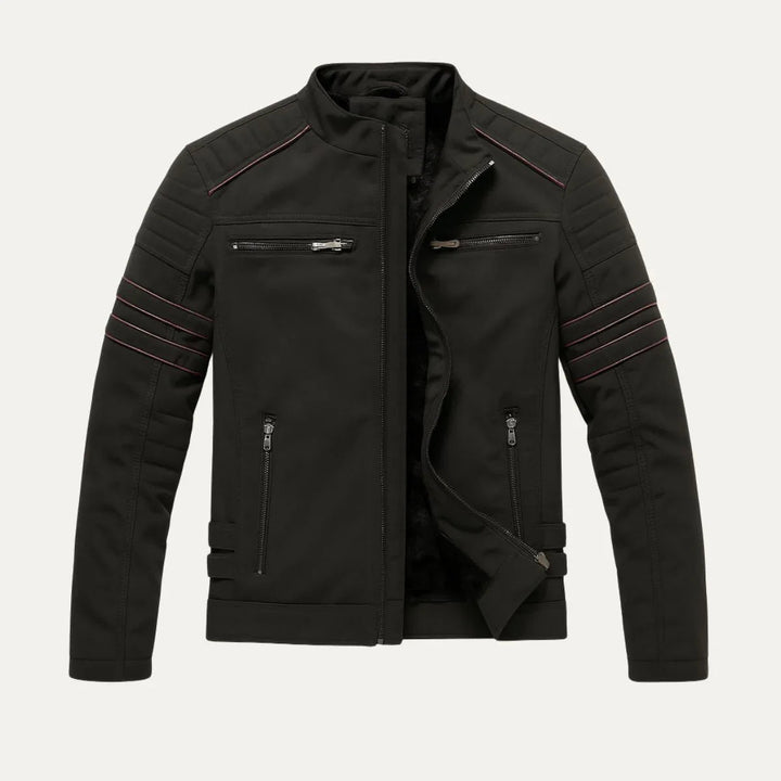 Robust herrejakke i PU-skinn med vintage-look og varmt fleecefôr, egnet for vinter.