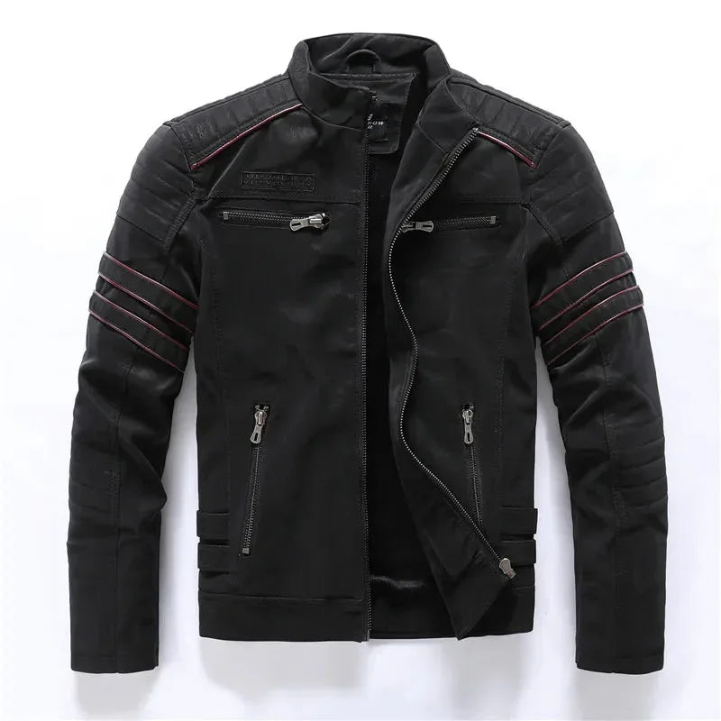 Stilig PU-skinnjakke for herre, varmt fleecefôret og i en tidløs vintage biker-stil.