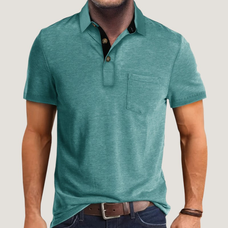 Trendy fargeblokk herreskjorte i polyester, kortermet og komfortabel, egnet for menns sommergarderobe.