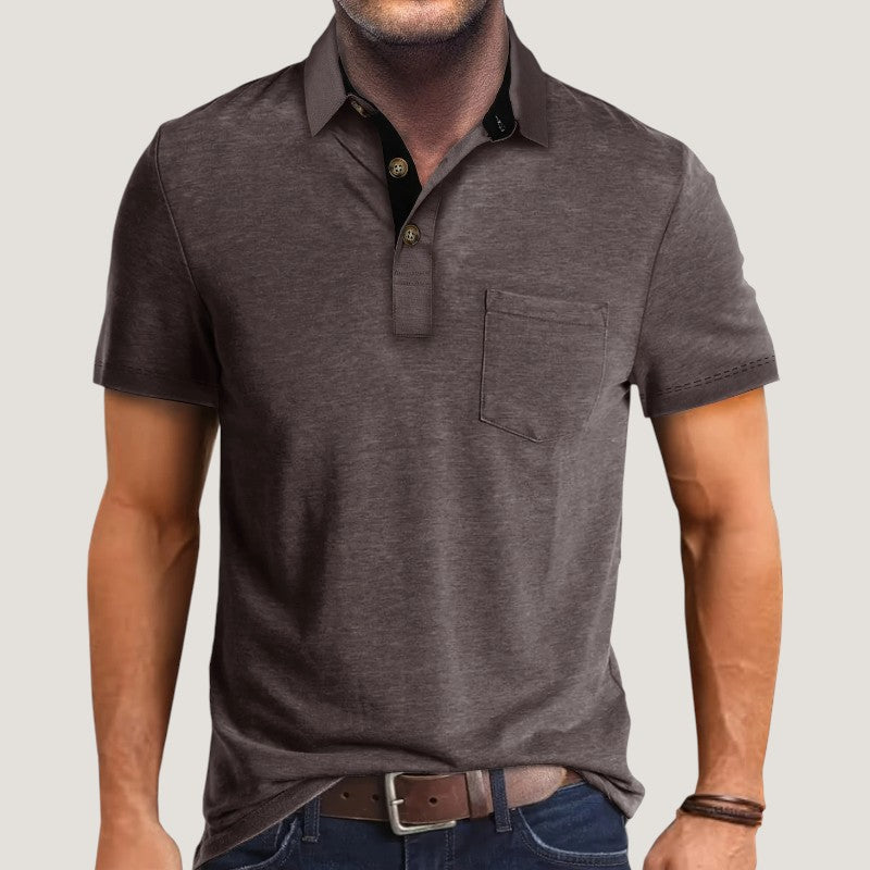 Kortermet herreskjorte med fargeblokkdesign, lett polyester, perfekt for en casual og stilig sommerlook.