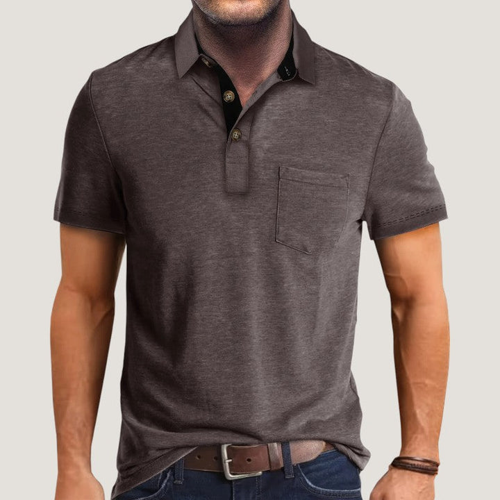 Kortermet herreskjorte med fargeblokkdesign, lett polyester, perfekt for en casual og stilig sommerlook.