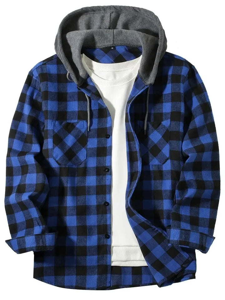 Herre langermet rutete skjorte med hette, slim fit passform for komfortabel og casual stil.
