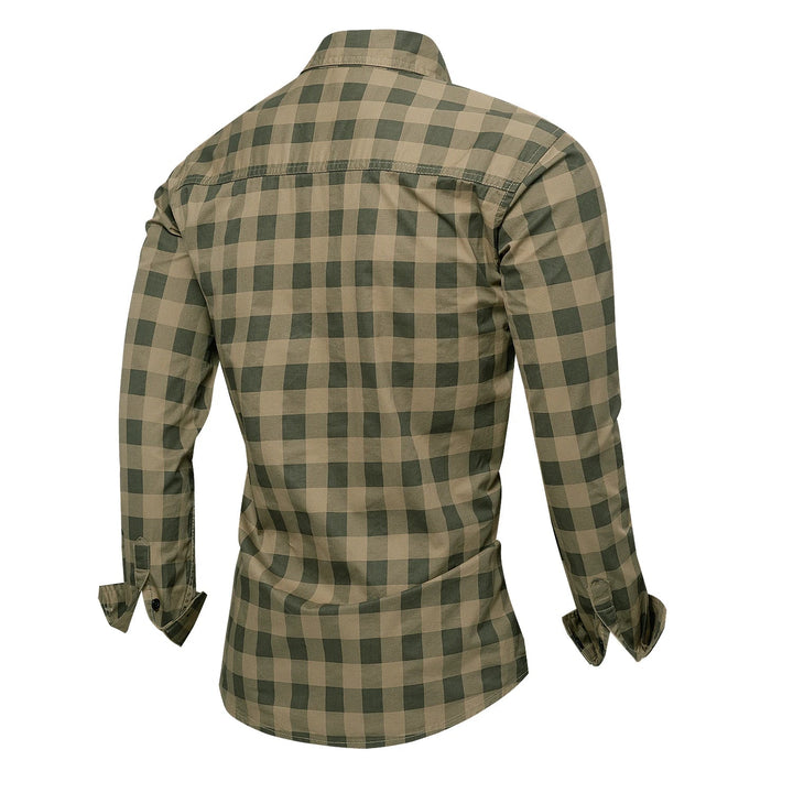 Stilig langermet rutete herreskjorte for høst, kan brukes casual eller formelt, med klassisk design.