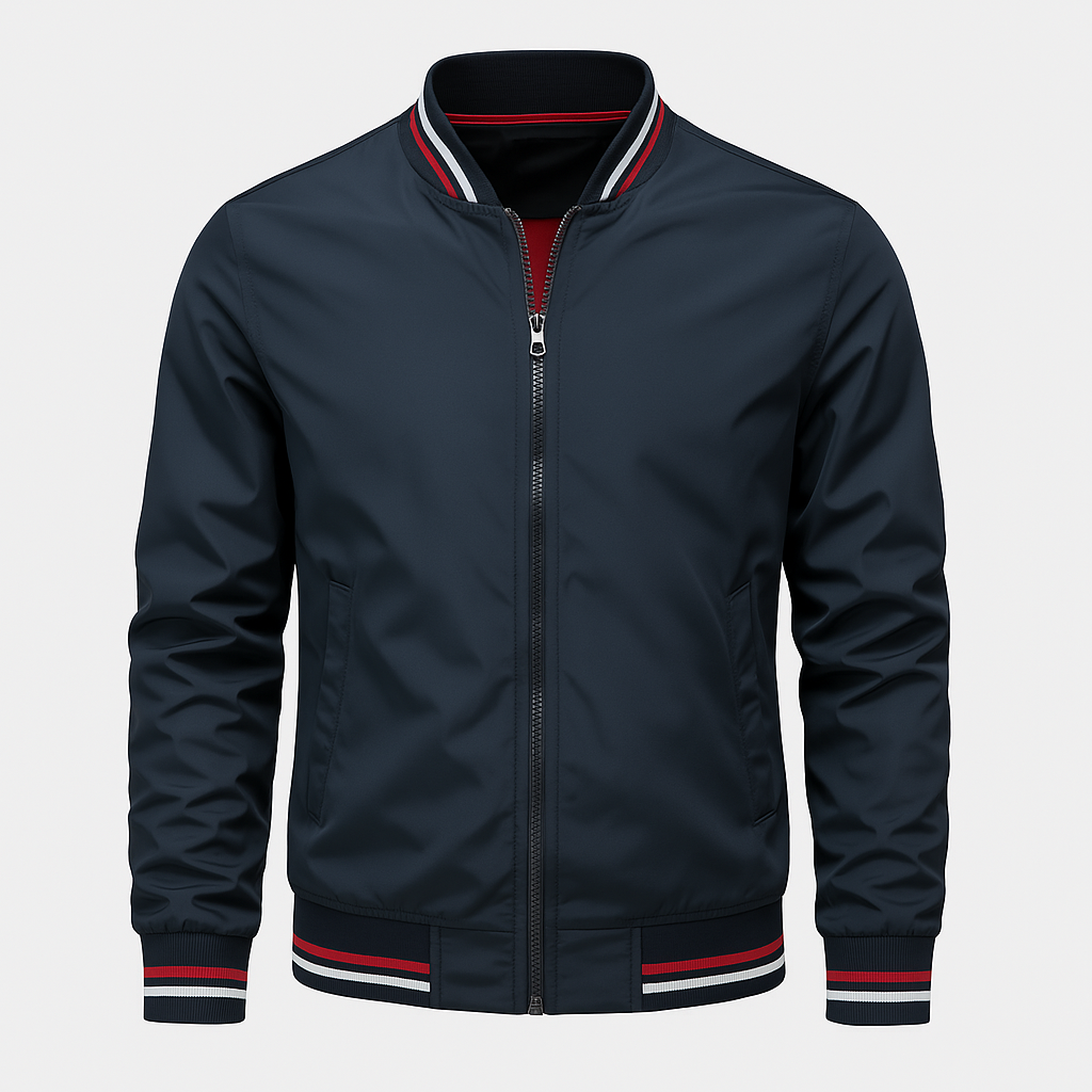 Ermedetalj på komfortabel og lett herre sommerjakke. Moderne, sporty stil for vår/sommer.