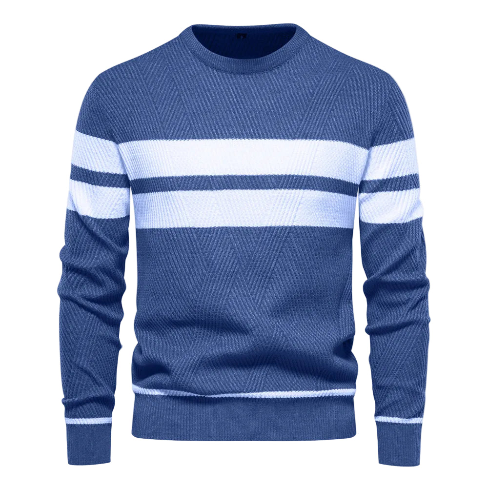 Herre strikkegenser med rund hals og elegante doble striper. Komfortabel, stilren herregenser for vintermote.