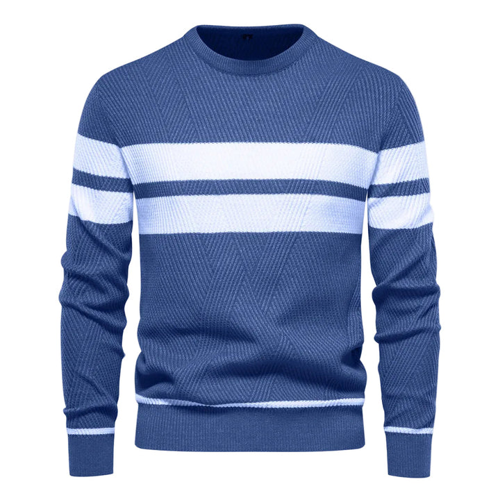 Herre strikkegenser med rund hals og elegante doble striper. Komfortabel, stilren herregenser for vintermote.