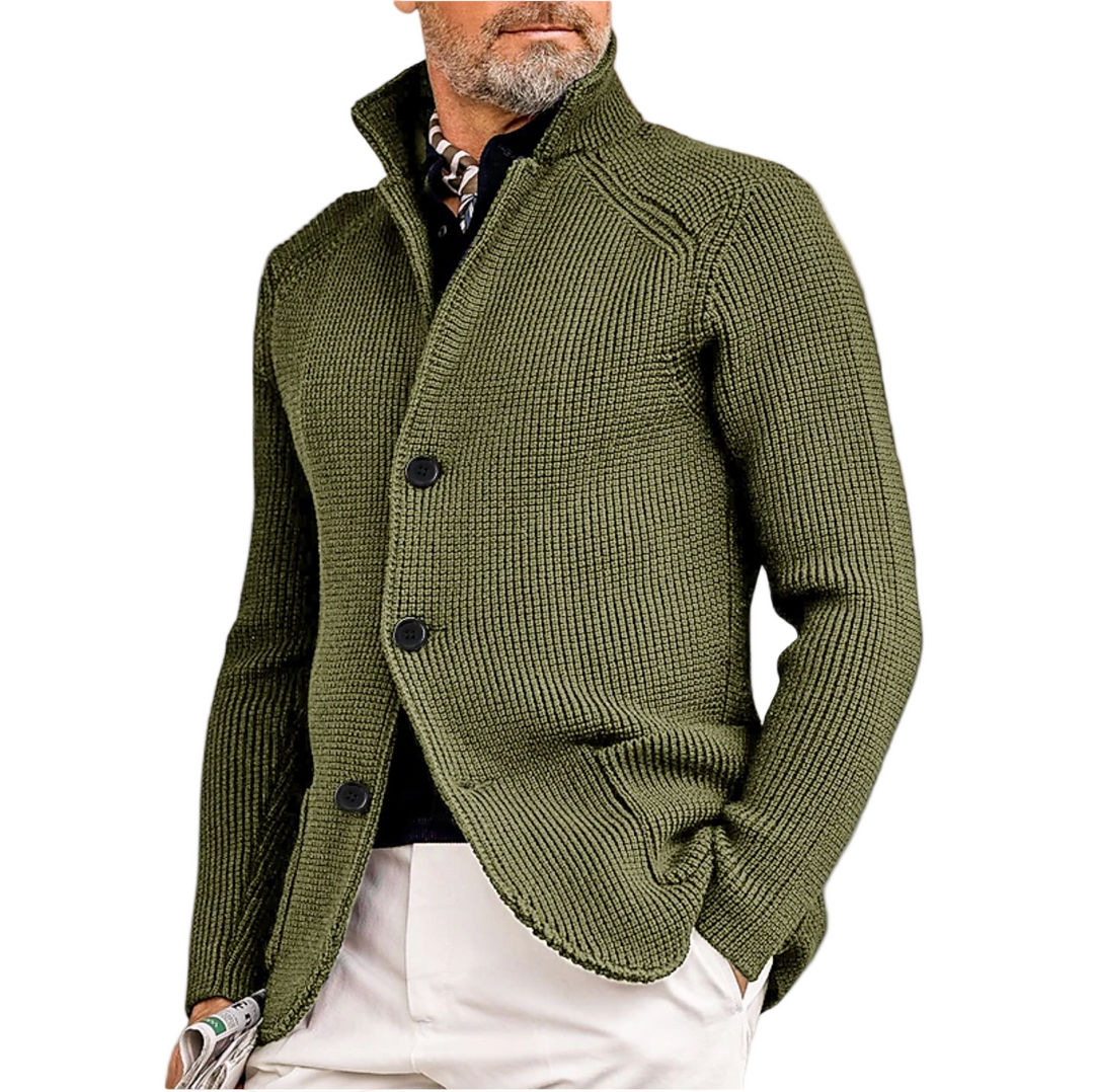 Elegant herrecardigan med ribbet design og høy krage, perfekt for menns høstantrekk og vinterklær.