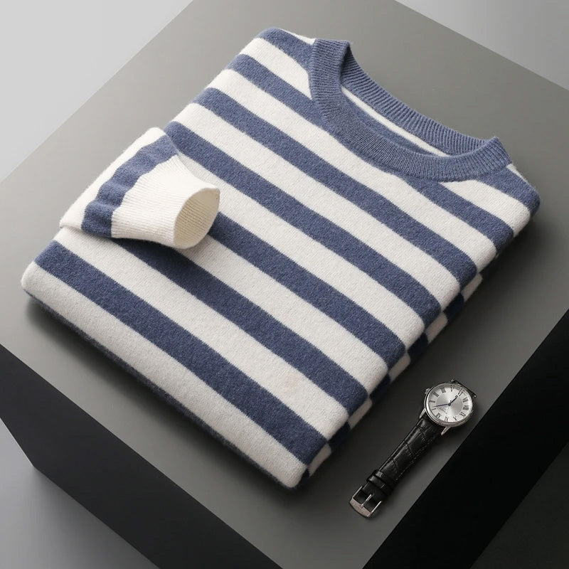Herregenser: Stilfull, stripete o-hals genser i mykt stoff. Allsidig for casual og fritidsbruk.