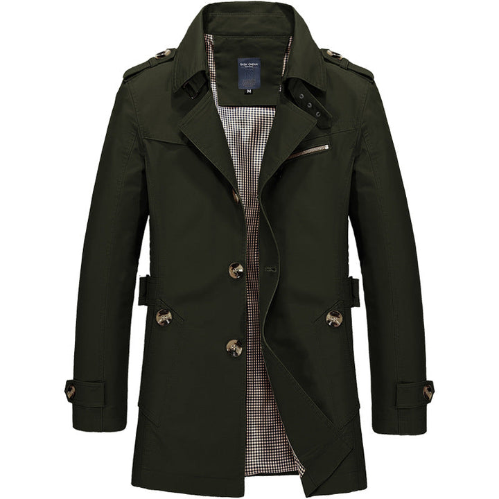Herre trenchcoat, dobbelknappet med stilren design, elegant motefrakk.